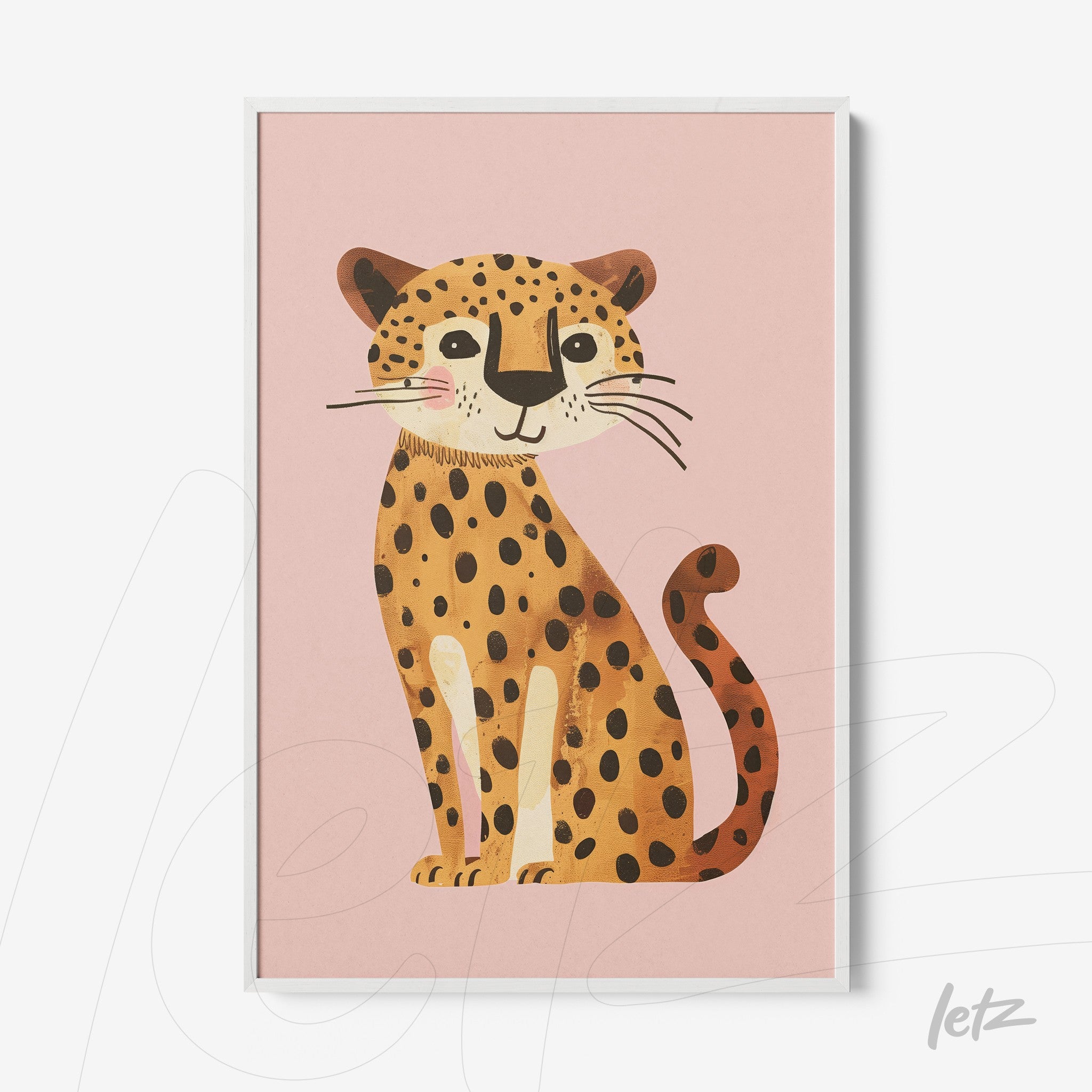 quadro com ilustração de leopardo estilizado sobre fundo rosa, moldura branca