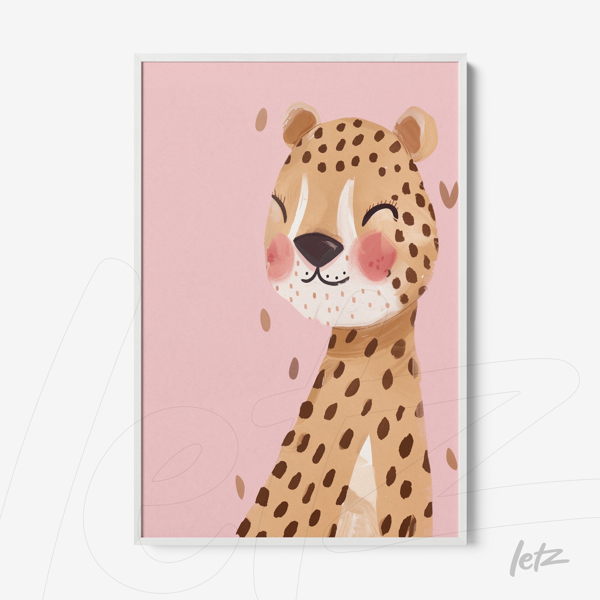 quadro com arte de um leopardo sorridente em fundo rosa, moldura branca