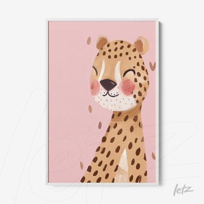 quadro com arte de um leopardo sorridente em fundo rosa, moldura branca