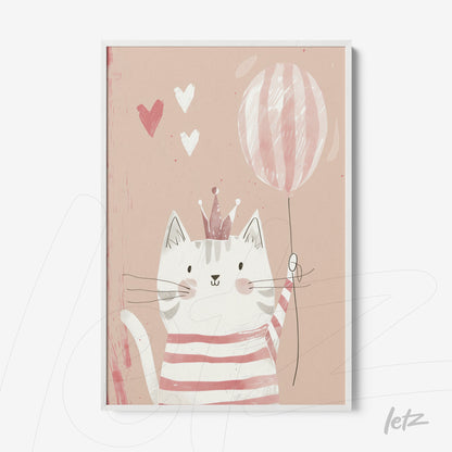 quadro com ilustração de gato usando coroa e segurando balão sobre fundo rosa