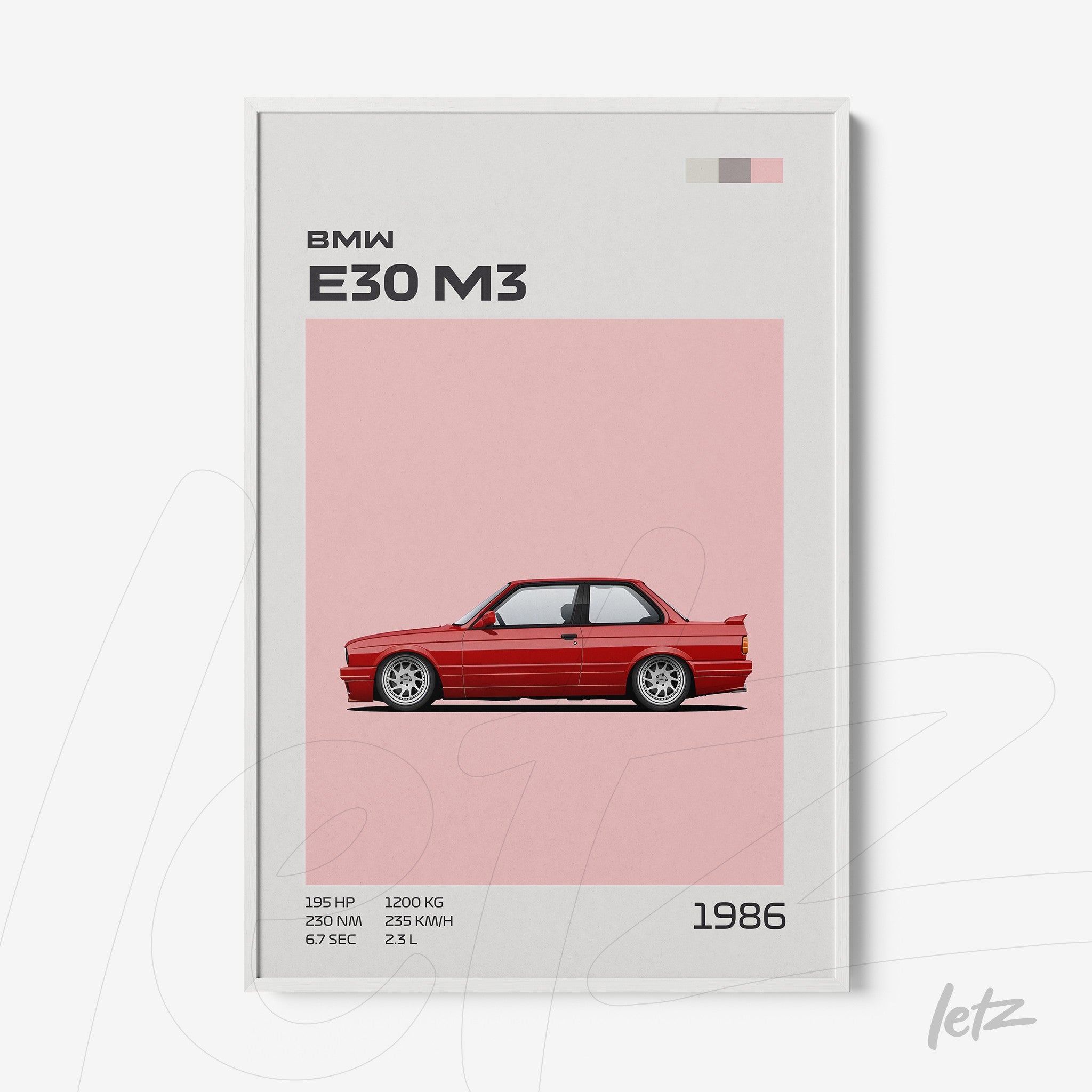 quadro com ilustração digital do carro BMW E30 M3 em fundo rosa com moldura branca