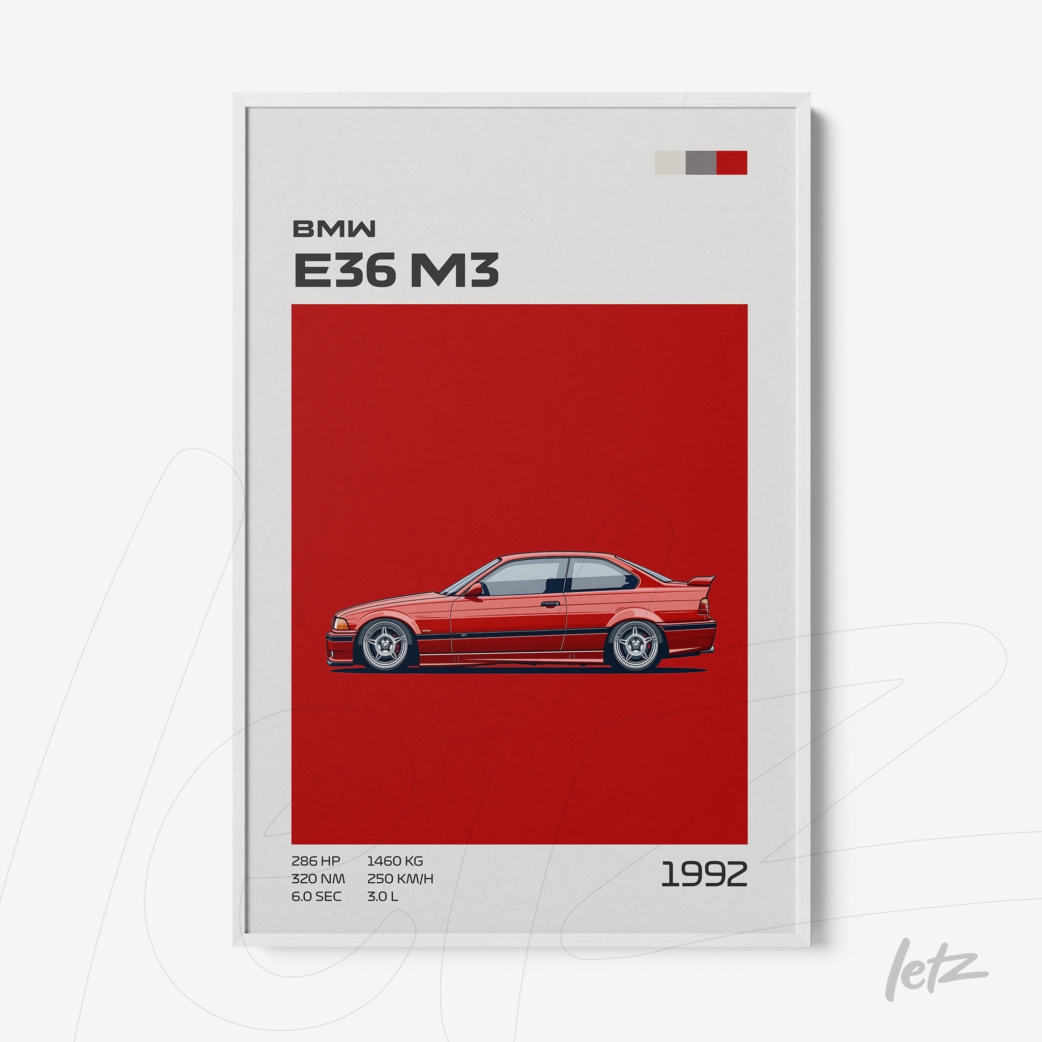 quadro com arte minimalista do carro BMW E36 M3 sobre fundo vermelho, com informações técnicas e moldura branca