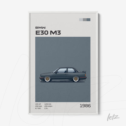 quadro com ilustração do carro BMW E30 M3 em estilo minimalista, moldura branca com fundo cinza