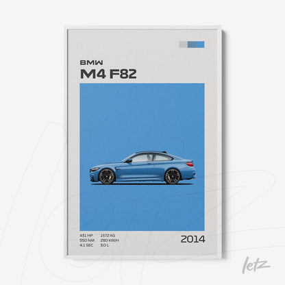 quadro com arte minimalista do carro BMW M4 F82 em fundo azul