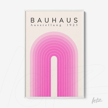 pôster com design de arte abstrata em estilo bauhaus dos anos 1920 com arcos em tons de rosa, em moldura branca
