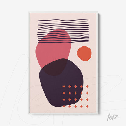 pôster com formas abstratas em tons de rosa e laranja emoldurado em branco