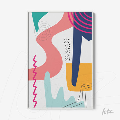 pôster com arte abstrata colorida em moldura branca sobre fundo branco