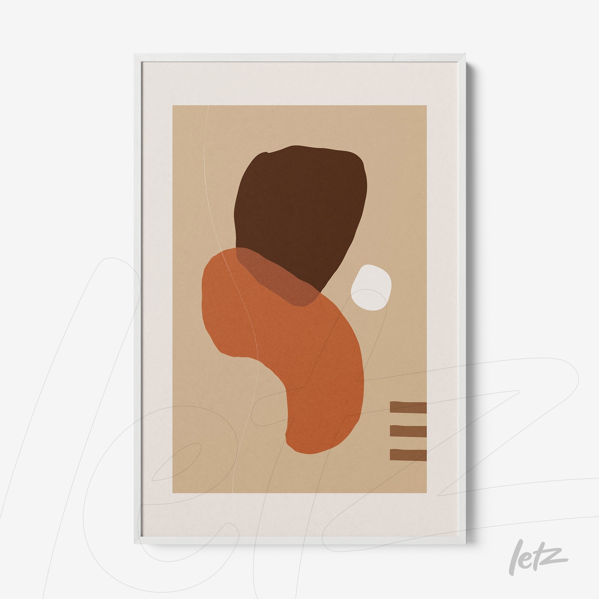 arte abstrata com formas orgânicas em tons de marrom e laranja emoldurada em branco