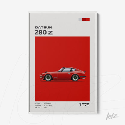 quadro com ilustração do carro Datsun 280 Z em fundo vermelho vibrante e moldura branca