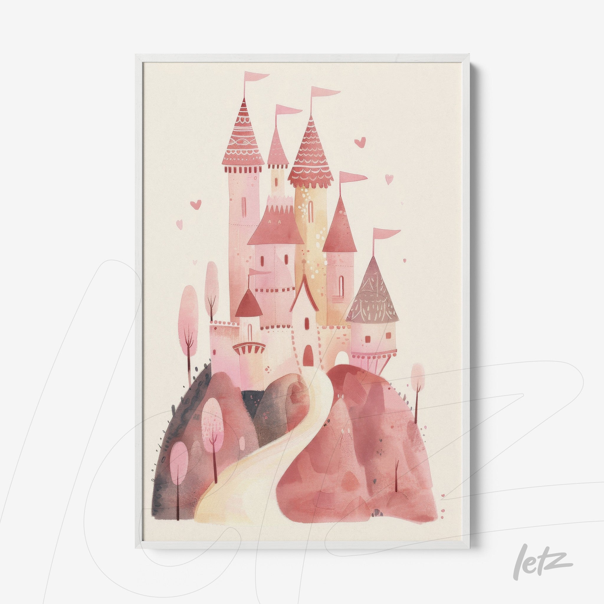 quadro com ilustração de um castelo rosa com torres e bandeirinhas, apoiado em fundo claro e moldura branca