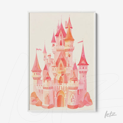 quadro com ilustração de castelo mágico em tons de rosa, moldura branca