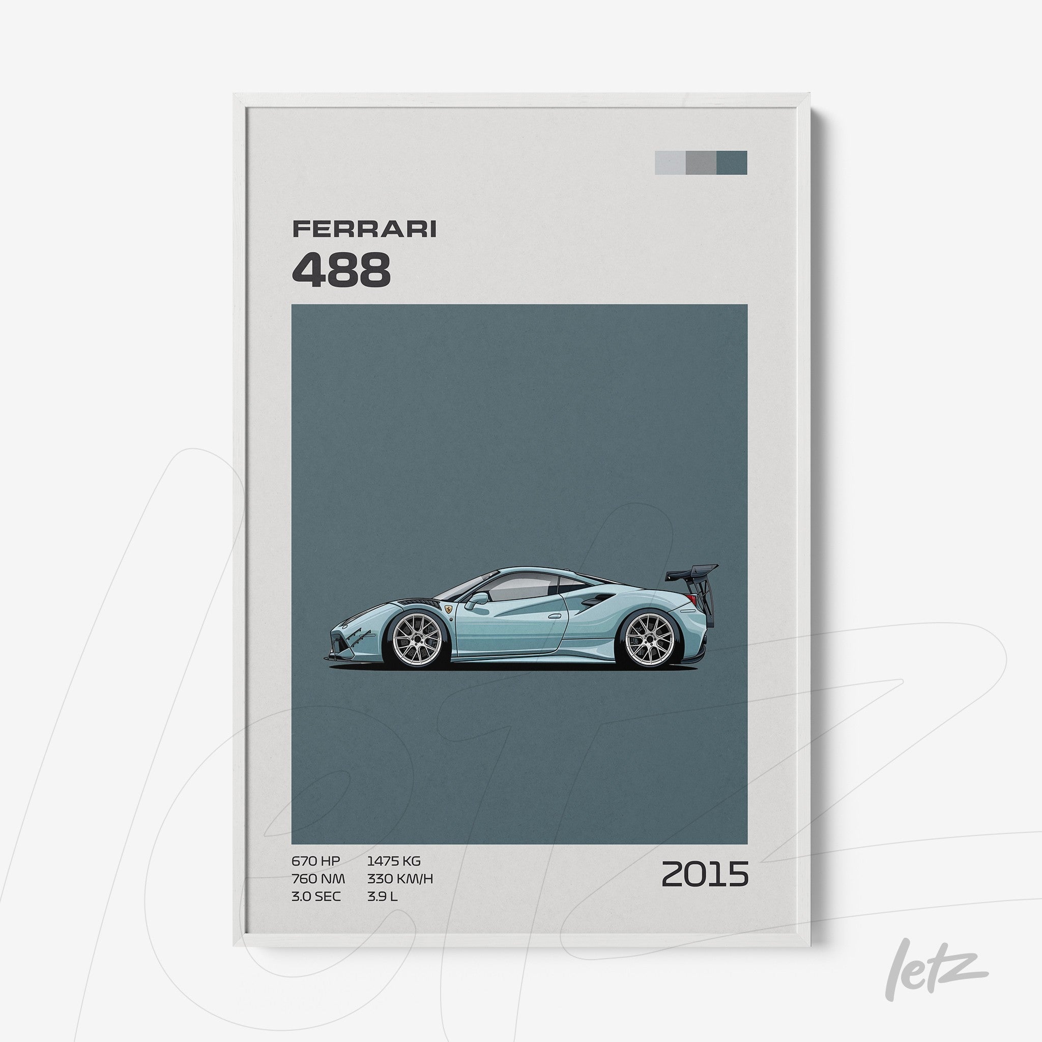 quadro com arte minimalista de um carro Ferrari 488 em tons de azul, fundo cinza e detalhes em texto no estilo gráfico