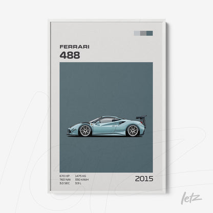 quadro com arte minimalista de um carro Ferrari 488 em tons de azul, fundo cinza e detalhes em texto no estilo gráfico