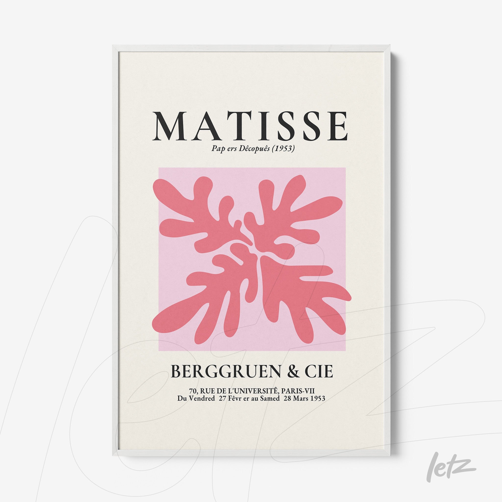 quadro com arte de Matisse em moldura branca com fundo rosa e elementos abstratos em tons de pink
