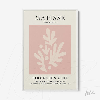 quadro com arte inspirada em Matisse, com fundo claro e formas abstratas em rosa, moldura branca