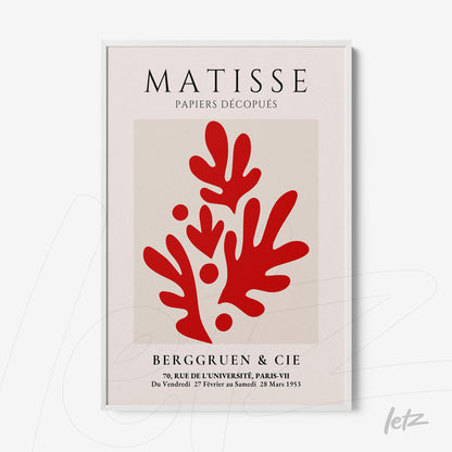 quadro com arte inspirada em Matisse, apresentando formas abstratas vermelhas em fundo neutro e moldura branca