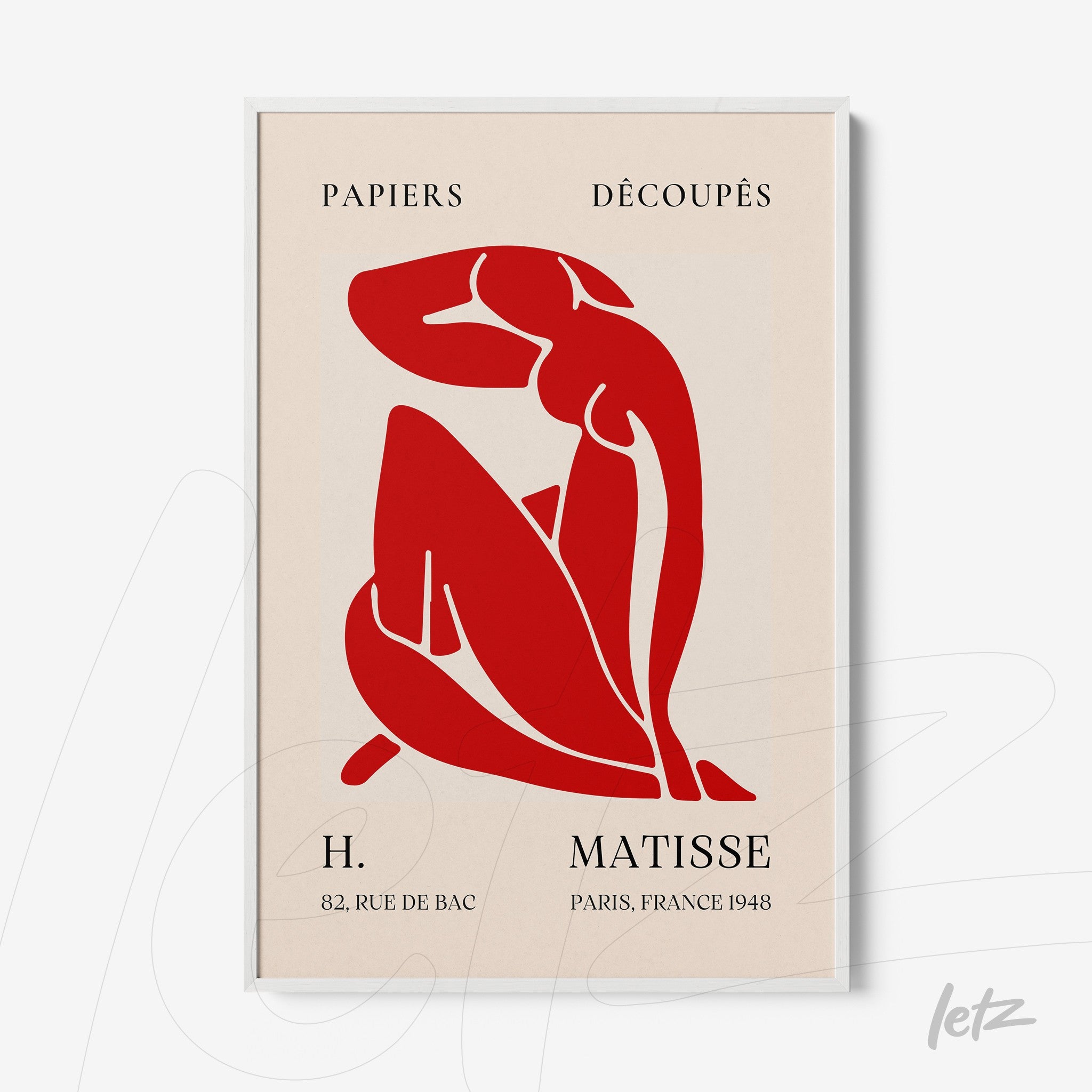 quadro com arte estilizada de figura feminina em tons de vermelho sobre fundo claro, moldura branca