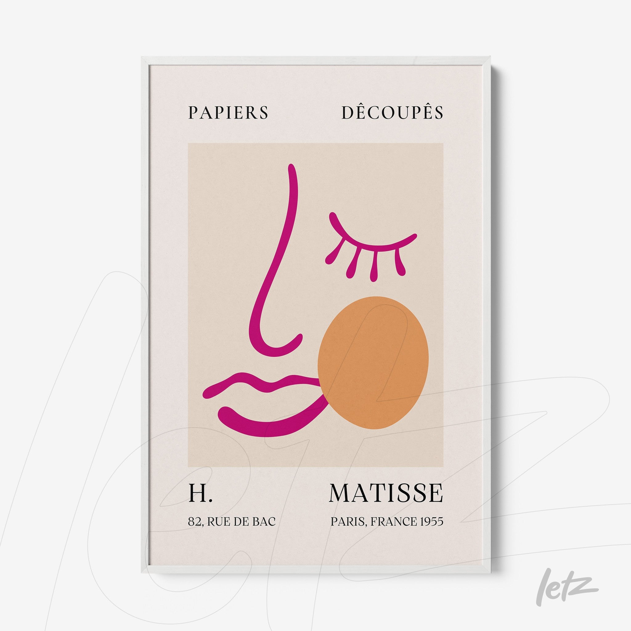 quadro com arte abstrata em linhas rosa e laranja, moldura branca com fundo claro