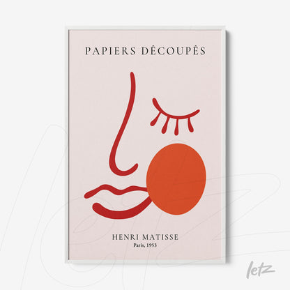 quadro decorativo com arte moderna de rosto estilizado em tons vermelho e laranja sobre fundo rosa claro, moldura branca