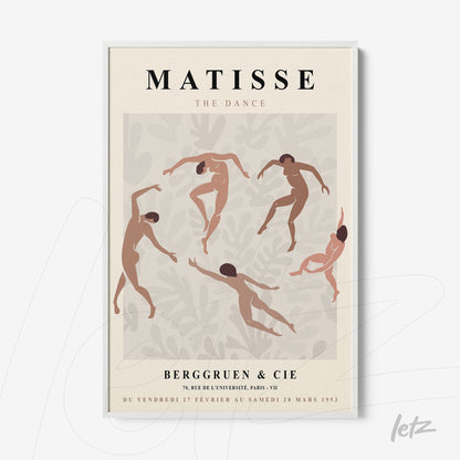 quadro com arte estilizada de dançarinos em tons pastel sobre fundo neutro, moldura branca fina
