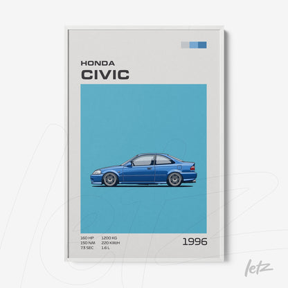 quadro com ilustração estilizada de um Honda Civic de 1996 em azul sobre fundo azul claro, detalhes gráficos com especificações do carro