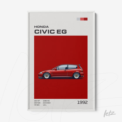 quadro com arte digital de um Honda Civic EG em fundo vermelho, destacando detalhes do carro e textos informativos