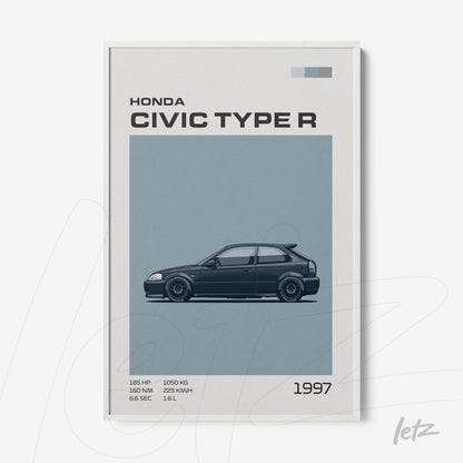 quadro com arte minimalista do carro Honda Civic Type R de 1997 em moldura branca com fundo azul