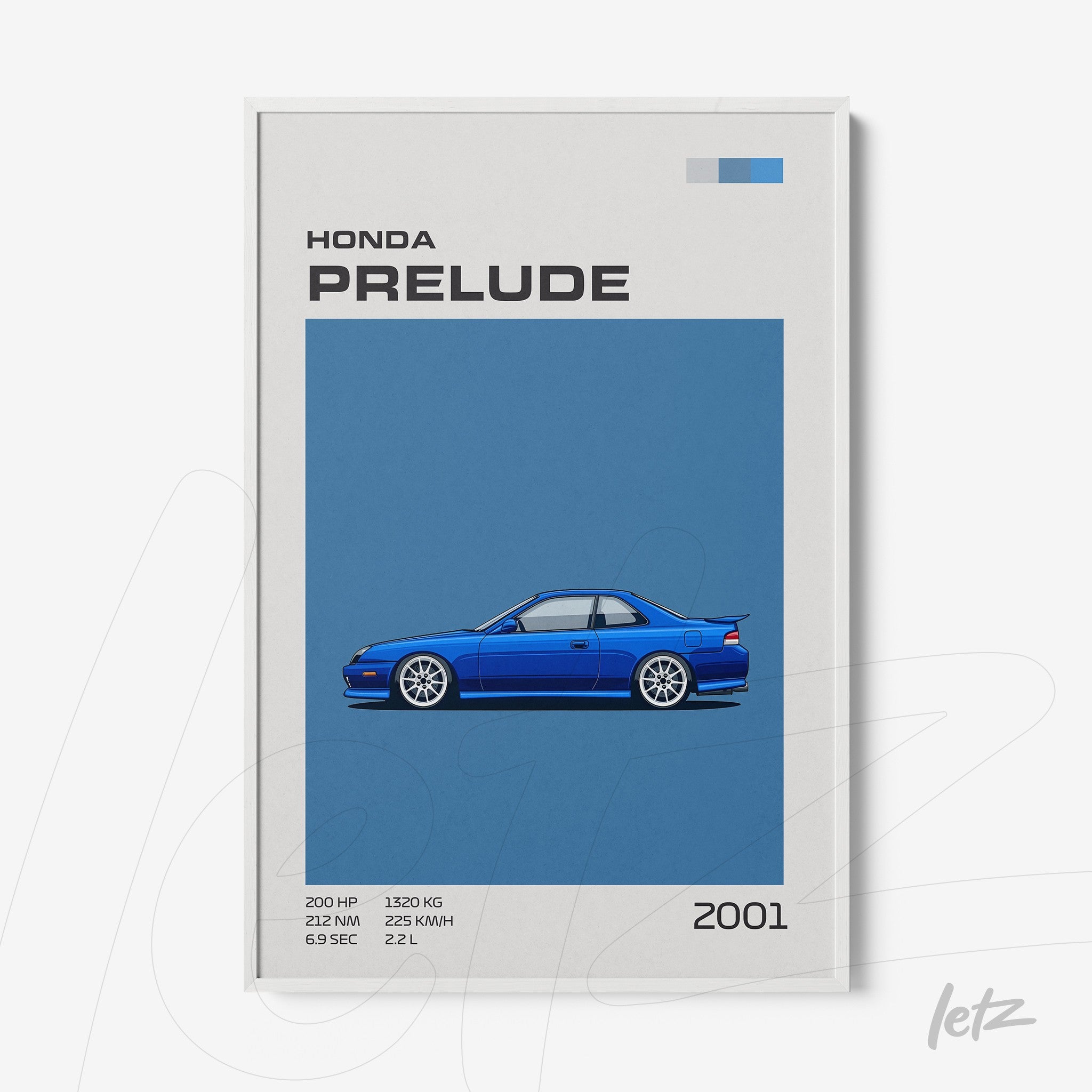 quadro com ilustração do carro Honda Prelude 2001 em fundo azul e moldura branca