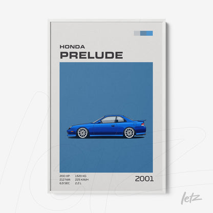 quadro com ilustração do carro Honda Prelude 2001 em fundo azul e moldura branca