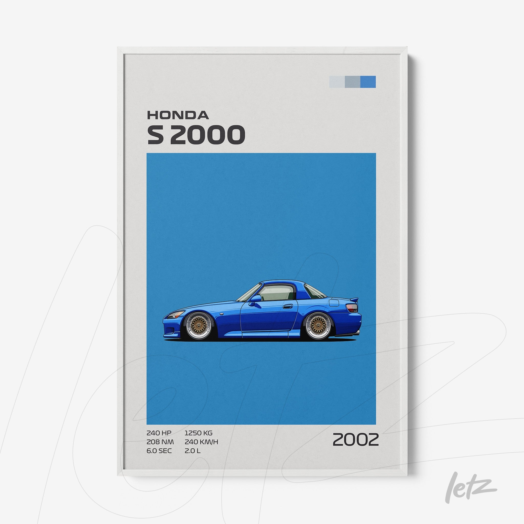 quadro com ilustração do carro Honda S2000 em fundo azul e moldura branca