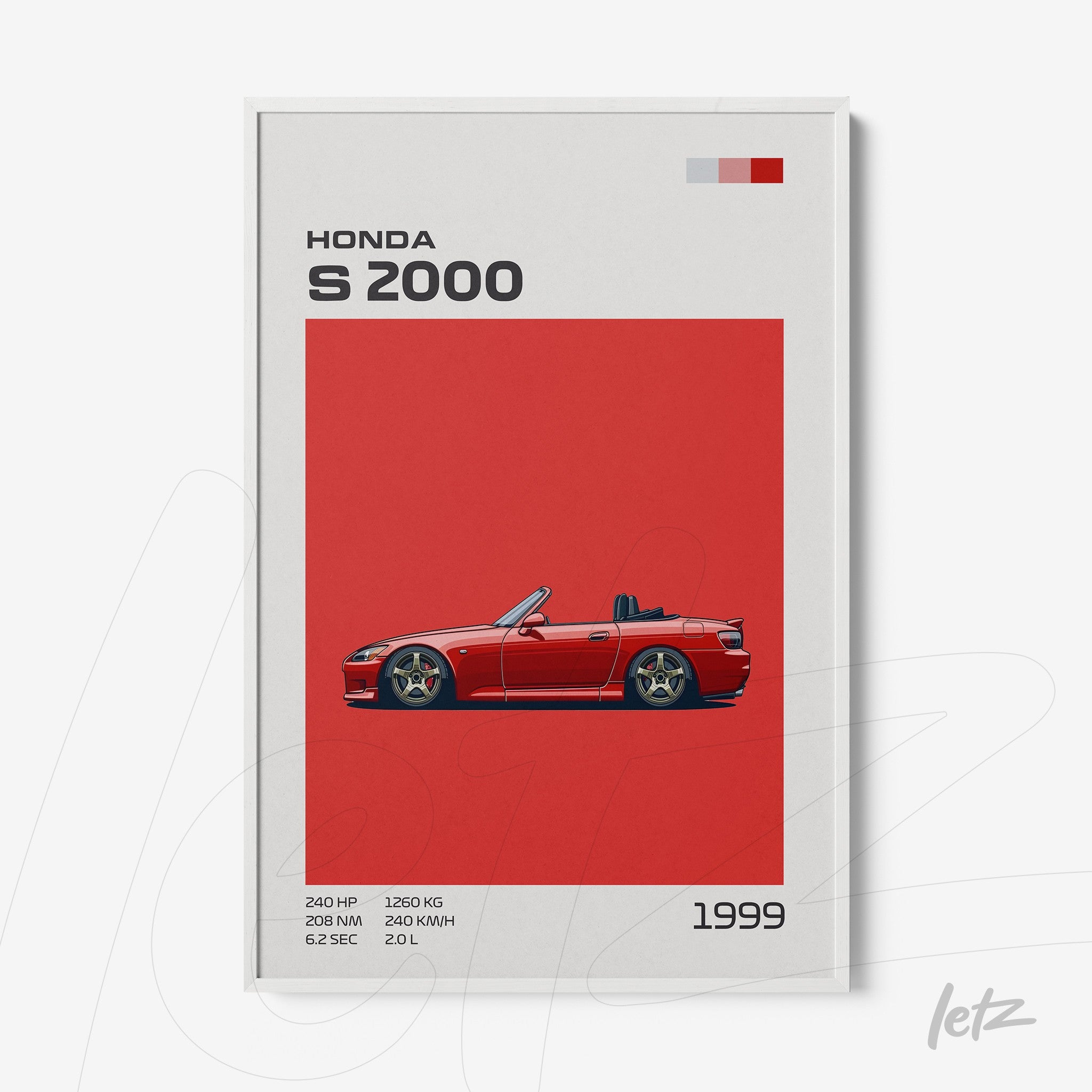 quadro com arte do carro esportivo Honda S2000 em fundo vermelho vibrante e moldura branca