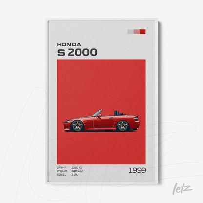 quadro com arte do carro esportivo Honda S2000 em fundo vermelho vibrante e moldura branca