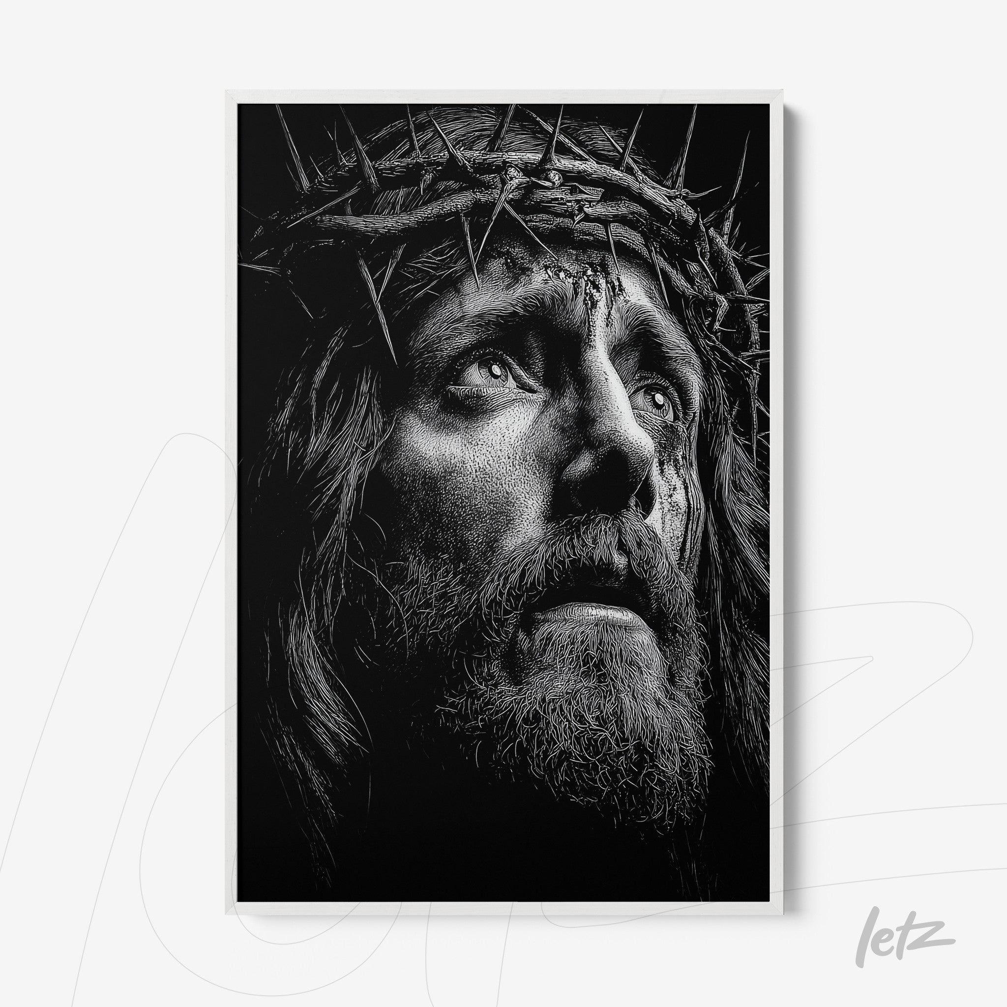 quadro com retrato em preto e branco de Cristo coroado com espinhos em moldura branca