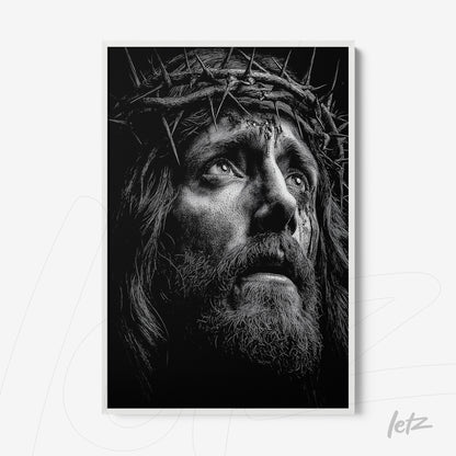 quadro com retrato em preto e branco de Cristo coroado com espinhos em moldura branca