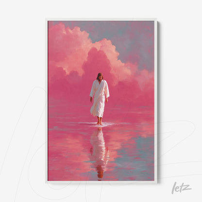 quadro com arte religiosa de figura caminhando sobre águas refletindo nuvens rosa e fundo vermelho em moldura branca