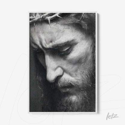 quadro com arte em preto e branco de um retrato expressivo de Cristo com detalhes de sua coroa de espinhos