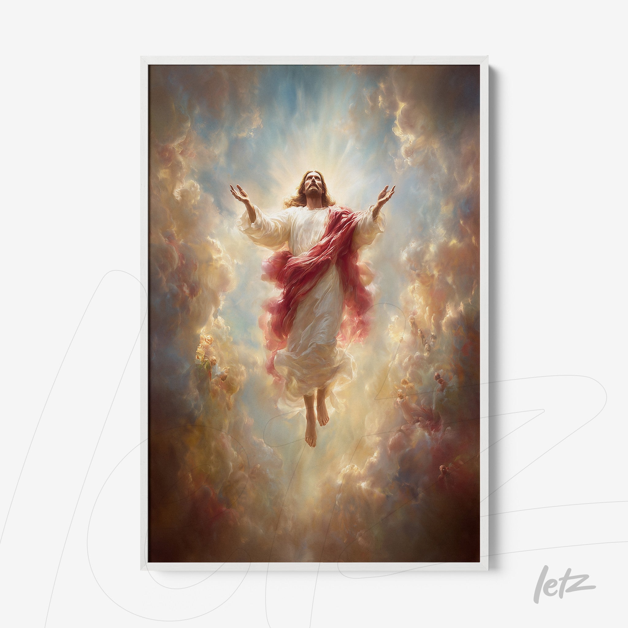 quadro com imagem de Jesus Cristo ascendendo em um fundo de nuvens coloridas, moldura branca