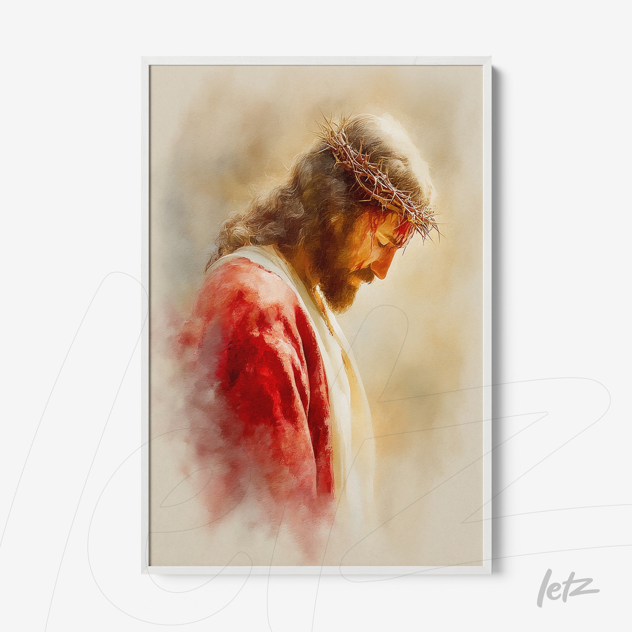 quadro com arte religiosa retratando Jesus com coroa de espinhos em moldura branca