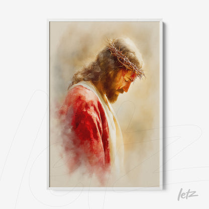 quadro com arte religiosa retratando Jesus com coroa de espinhos em moldura branca