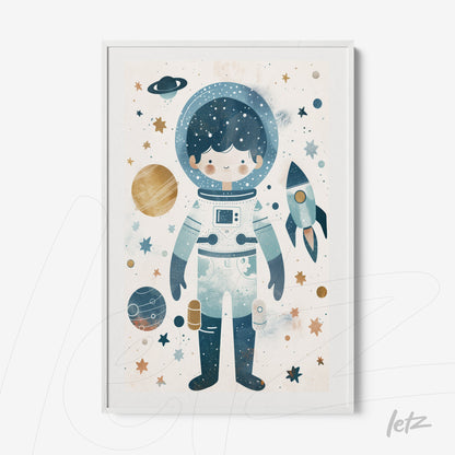 quadro com ilustração de astronauta infantil em fundo espacial com planetas e estrelas, moldura branca