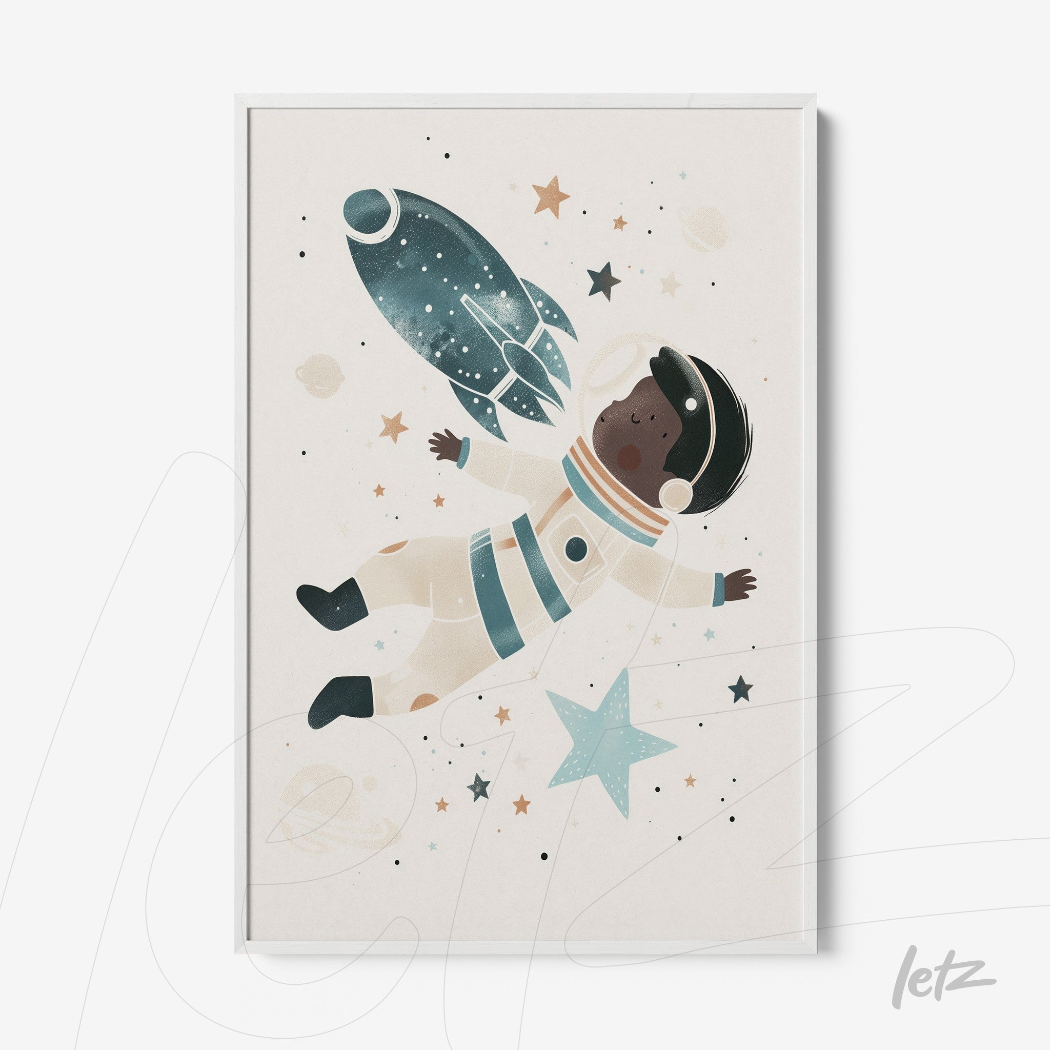 quadro com ilustração de astronauta flutuando no espaço, ao lado de foguete e estrelas em moldura branca