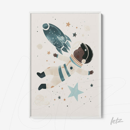 quadro com ilustração de astronauta flutuando no espaço, ao lado de foguete e estrelas em moldura branca