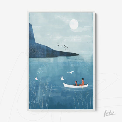 quadro com arte digital de um casal em um barco em lagoa tranquila com montanha ao fundo
