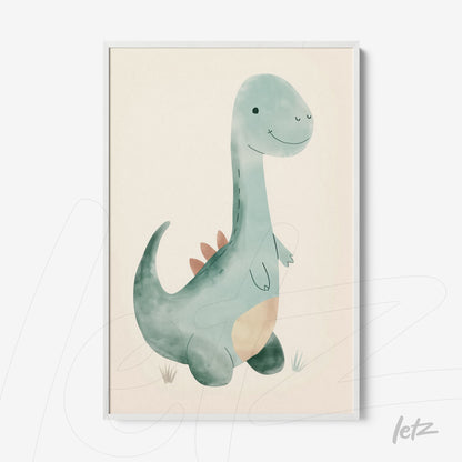 quadro com ilustração aquarelada de um dinossauro amigável em moldura branca
