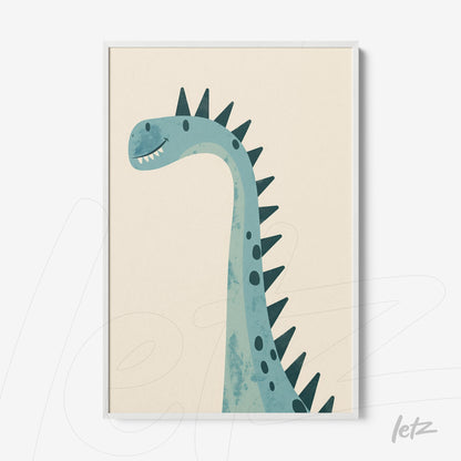 quadro decorativo com arte de dinossauro azul em fundo claro e moldura branca