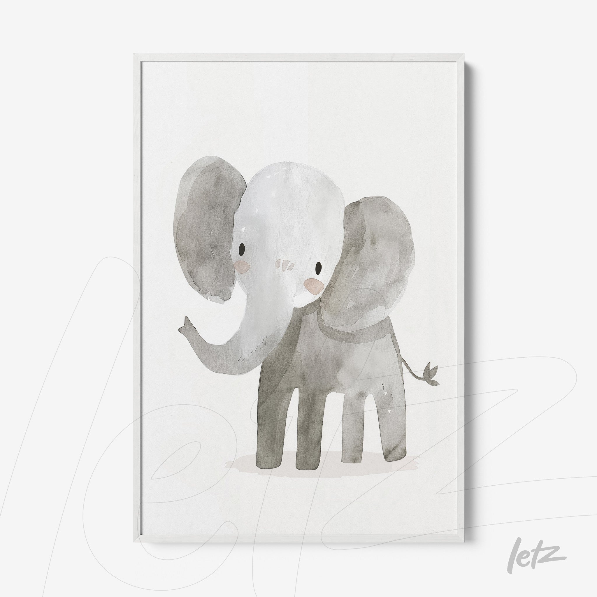 quadro com ilustração de um elefante em aquarela com fundo branco e moldura clara
