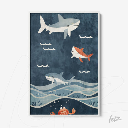 quadro com ilustração lúdica de tubarões nadando em um fundo azul escuro com ondas e um caranguejo no canto inferior
