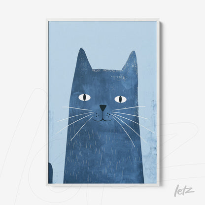 quadro com ilustração de um gato azul em fundo claro com moldura branca