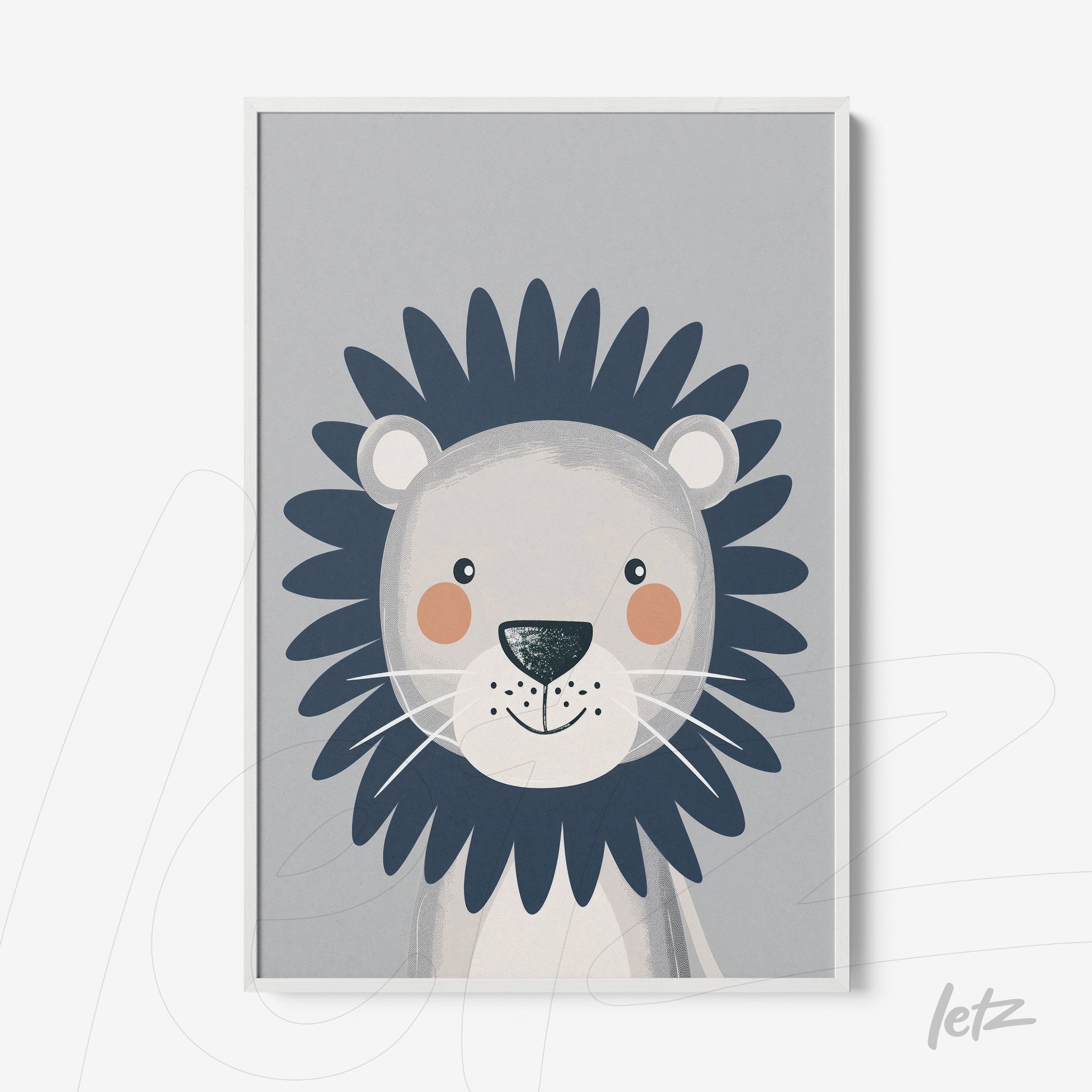 quadro com ilustração de leão simpático em fundo cinza e moldura branca