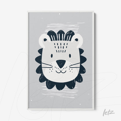 quadro com ilustração estilizada de leão em fundo cinza claro e moldura branca